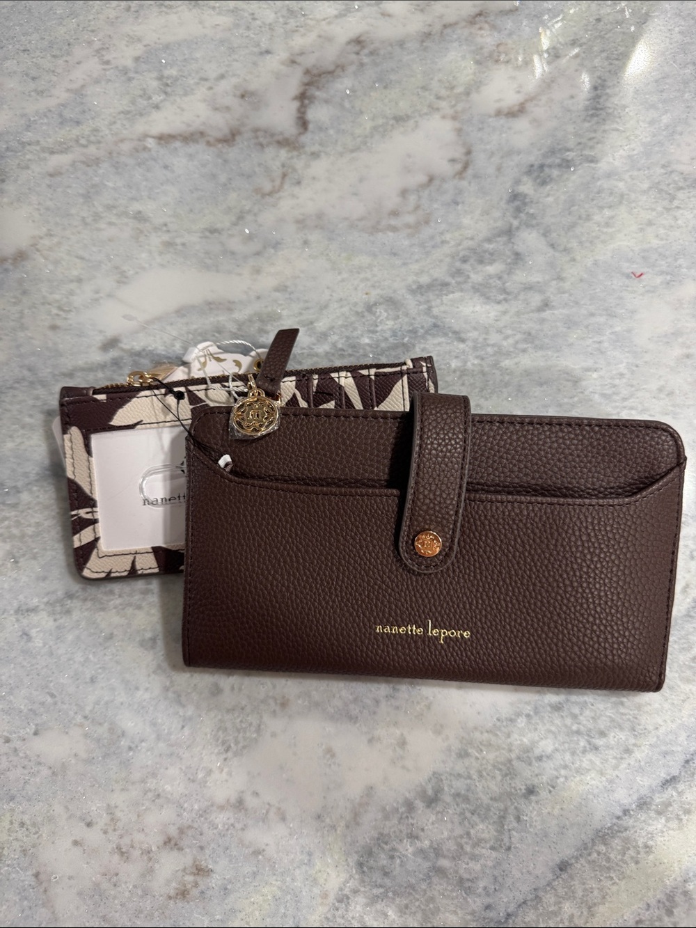 Nanette Lepore Brown Leather Wallet with Gold Tone Logo. NEW
